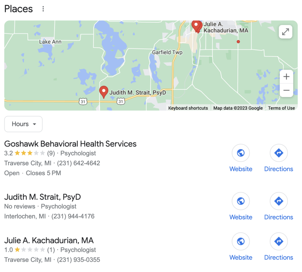 Google Maps Results for Local Therapists