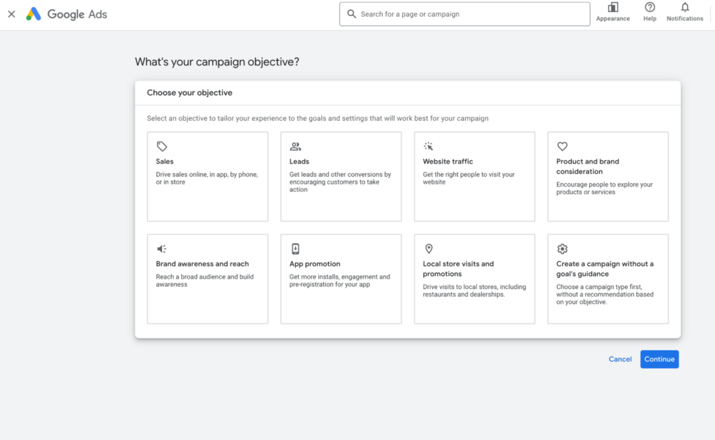 Creating active campaign based on objectives on Google Ads set-up page